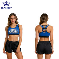 Nouvelle tenue d'entraînement de cheerleading deux pièces pour femmes, design ajouré, short taille haute extensible, impression de logo personnalisé pour l'équipe de cheerleading