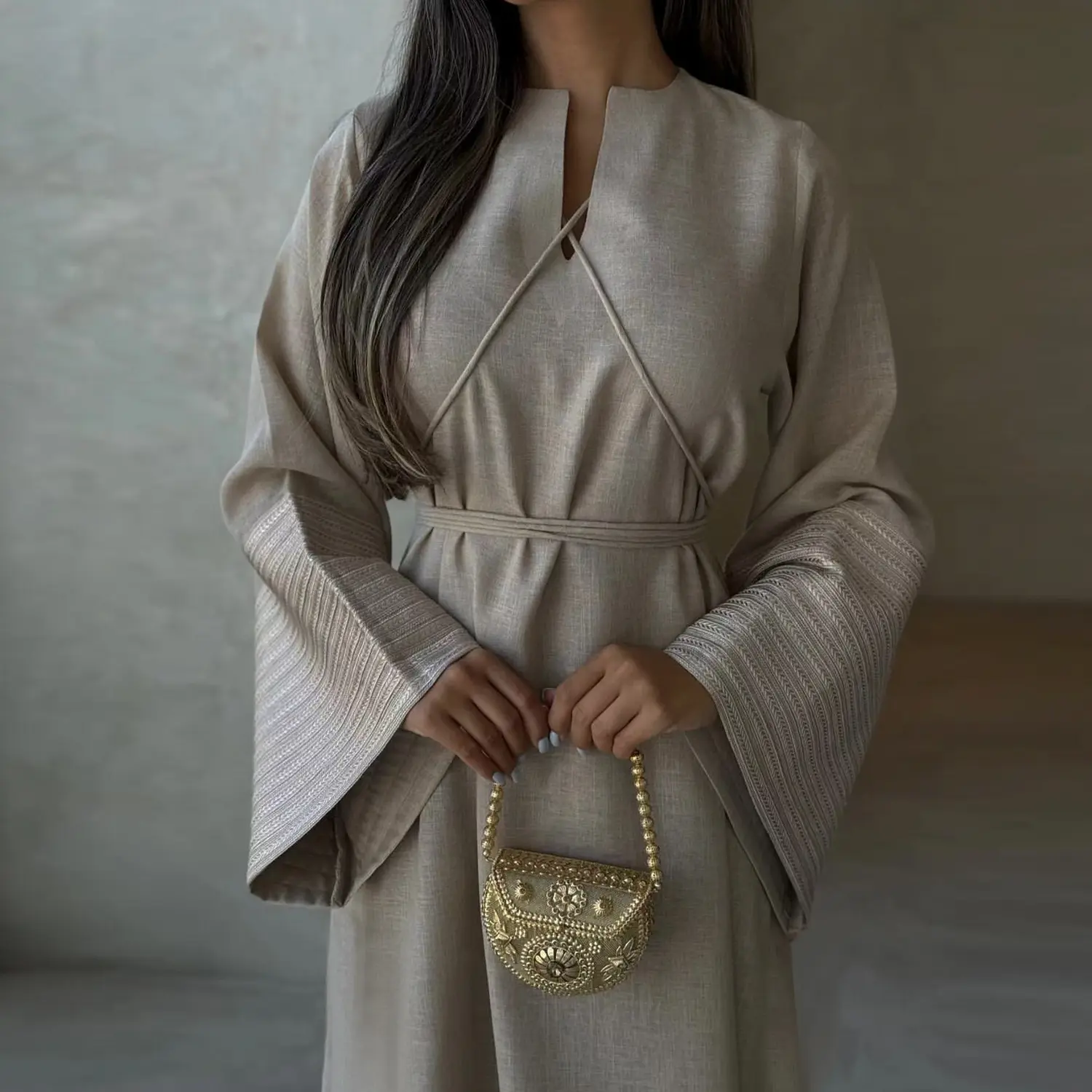 Lüks kapalı keten nakış yaz Abaya Dubai türk 2024 son günlük giyim V boyun kol nakış tasarımları ile Abaya