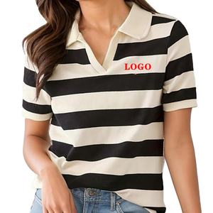 Polo a Rayas de Color Contrastante para Mujer con Logotipo Personalizado, Manga Corta, Cuello en V, Top Informal para Salidas de Fin de Semana y Ocio - Product Image 1