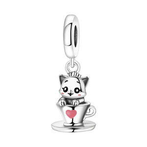 Pendentif tasse à café chaton en cuivre blanc, nouveau style, mignon, tendance, polyvalent, pour bracelet DIY, bijoux et accessoires pour femmes - Product Image 1