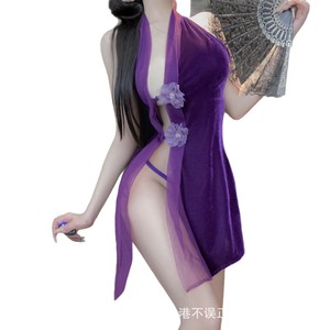 Sexy purple cheongsam lingerie set for late nights, perfect for alluring women with small breasts, no need to remove. (qqny) - Product Image 5