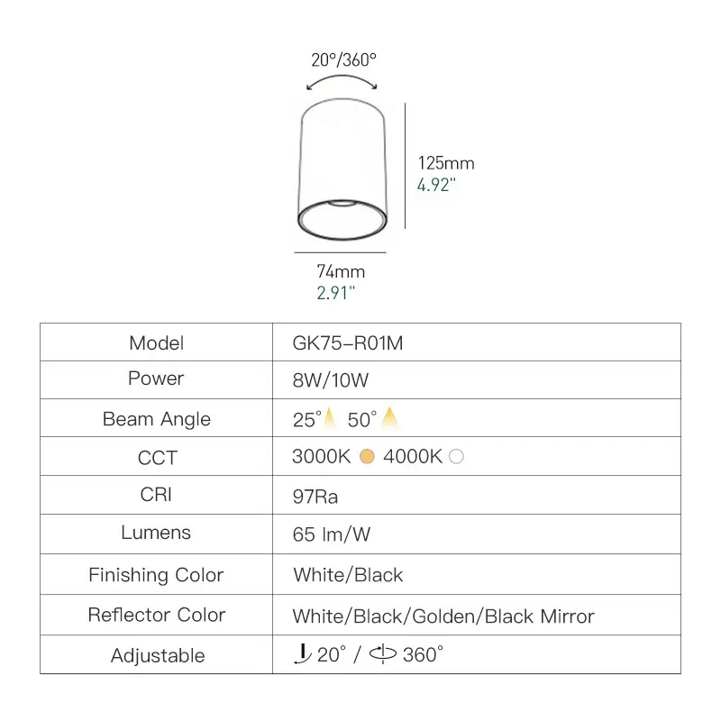 XRZLux Surface Mounted Cylinder Spotlights 10W COB LED Downlight Aluminum Ceiling Spot Lights Round Surface Led Spot Light