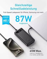 Batterie externe Anker 20 000 mAh avec câble USB-C intégré, chargeur portable 87 W max, charge rapide, 2 sorties USB-C, 1 sortie USB-A