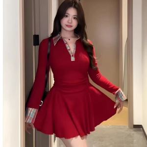 Women's Plaid Patchwork Polo Collar Dress Long Sleeve Elastic Waist Solid Color Casual Daily Wear Black And Red - Product Image 5