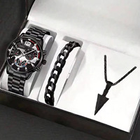 Montres pour hommes de luxe écologiques à quartz, bracelet en acier allié, grand cadran, ensemble avec collier croix - Vente chaude
