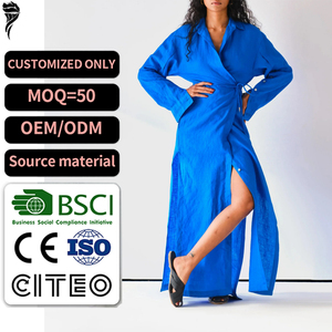 Abito Lungo da Donna con Scollo a V Personalizzato in <span class=keywords><strong>Misto</strong></span> <span class=keywords><strong>Lino</strong></span> e Cotone, Maniche Lunghe e Spacco Laterale, Stile Camicia Avvolgente - Vendita all'Ingrosso - Product Image 1