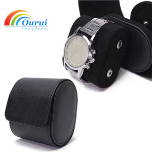 Black Leather <b>Watch</b> Travel <b>Case</b> Roll Box Velvet Lined Single <b>Watch</b> Storage Organizer Portable - Product Image 5