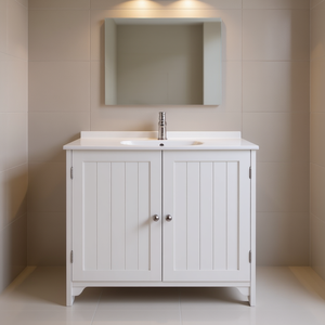 Mueble de baño blanco con lavabo, de pie, rectangular, de MDF pintado, diseño elegante. - Product Image 2