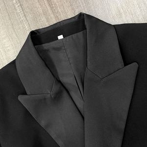 Vêtements pour femmes, blazer long pour femmes, élégant, col en V, manteau long noir avec fermeture à double boutonnage et ourlet évasé - Product Image 4