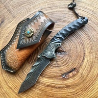 Gesneden Damascus staal vouwmes met gladde rand, gesmeed patroon, houten handvat, draagbaar, klein, voor buiten, kamperen, schilmes, hoge hardheid