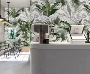 Carta da Parati Murale 3D con Foglie Verdi Tropicali, Design Innovativo per Decorazione di Ristoranti e Caffetterie - Product Image 3