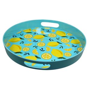 Plateau de service <span class=keywords><strong>en</strong></span> mélamine à motif citron, plateau rond de 15 pouces avec poignées - Product Image 6