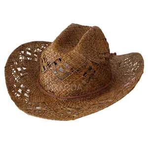 J Chapéu de palha de cowboy preto chapéus de palha de ráfia para homens