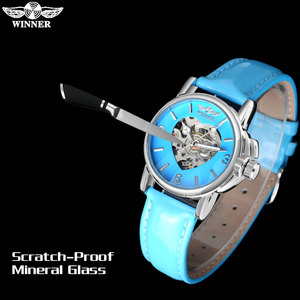 Marca WINNER, relojes de pulsera mecánicos de corazón de esqueleto informales para mujer, pantalla analógica, cinturón de cuero azul cielo, estilo de negocios - Product Image 5