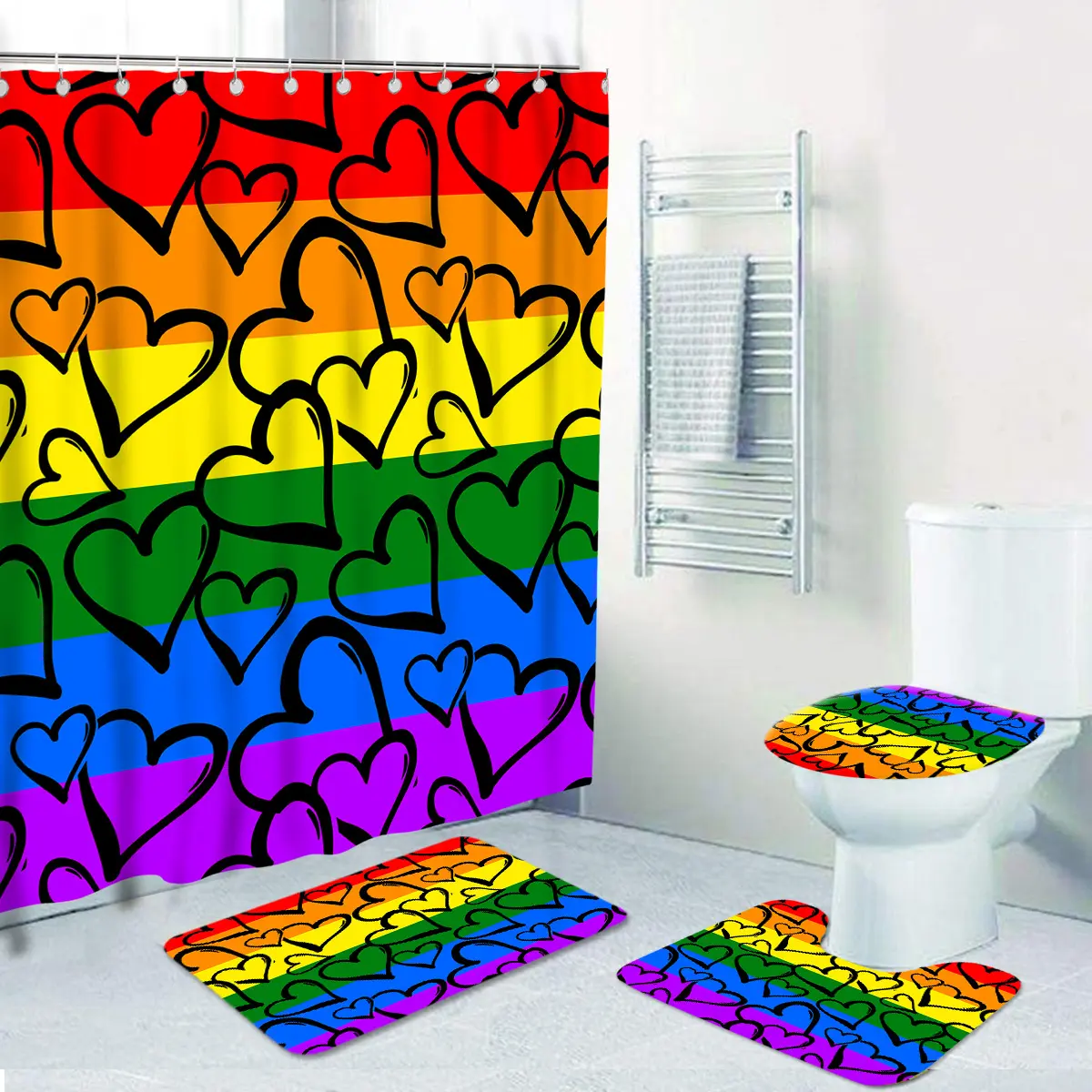 5piece love is love color Rainbow Anime Picture 100% Polyester Waterproof Bathroom Bath Set Shower Curtain And Rug Set
