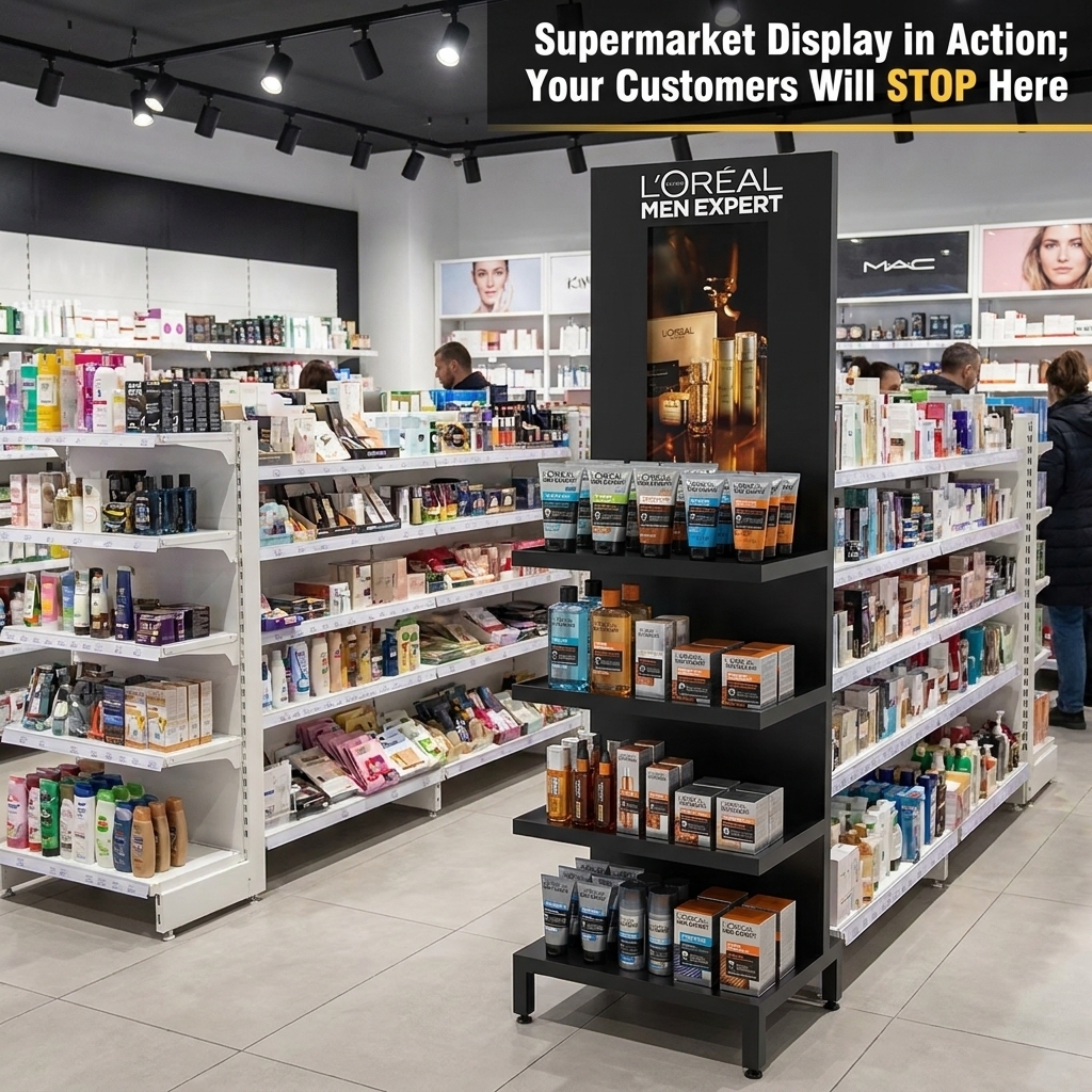 Wholesale Custom 4 Tier Floor Standing Metal Cosmetic Display Stand Retail Beauty Skin Care Display Rack with Branding Header — view 2
