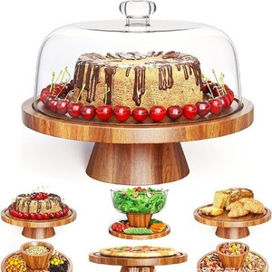 Plateau de présentation de gâteaux en bois, support rond pour desserts avec couvercle, pour fête d'anniversaire, usage domestique, 1 pièce, couleur unie - Product Image 1