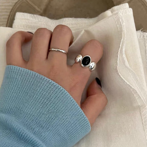 S925 Sterling Silver <b>Open</b> <b>Ring</b> Black Onyx Adjustable Unisex Fashion Jewelry Gift - Product Image 1