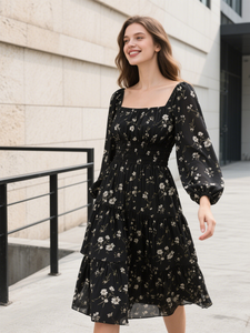 Printemps Automne <span class=keywords><strong>Hepburn</strong></span> Style Français Femmes Col Carré Cravate Taille Bubble SleeveDresses - Product Image 2