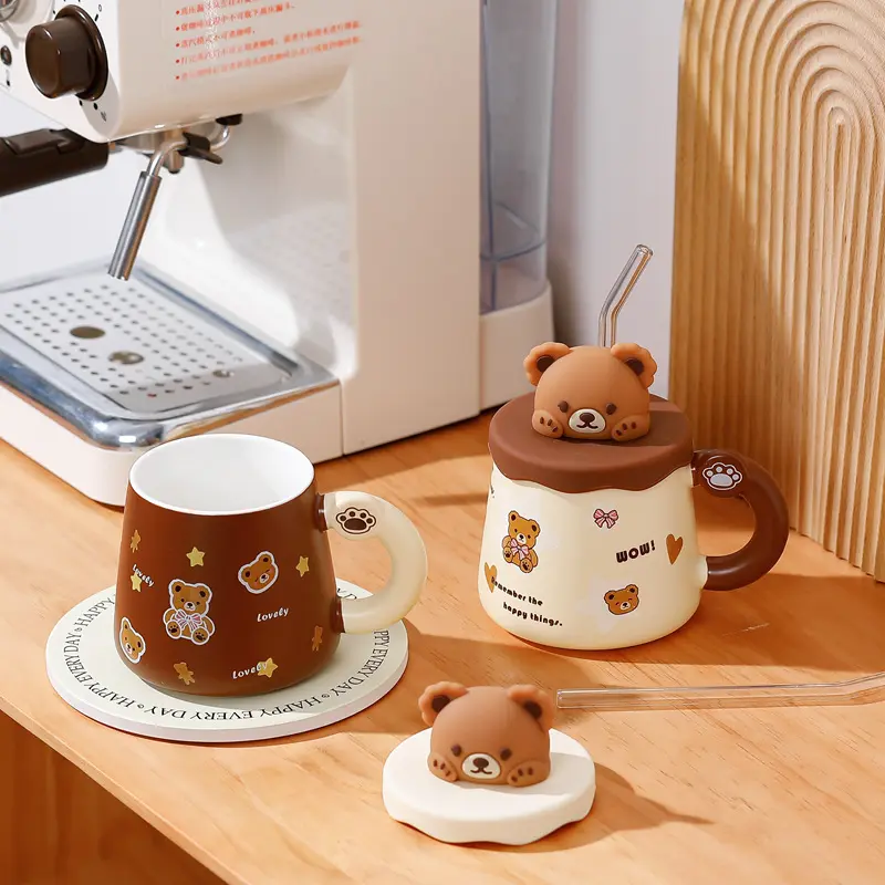 Ins Neuheit Design Cartoon Milch becher Niedlicher Bär Design Tasse Keramik Kaffeetasse Mit 3D Bären deckel