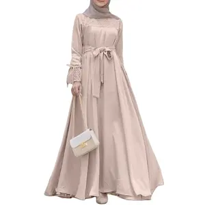 Vestido modesto muçulmano de cor sólida com mangas de renda, gola redonda, vestido longo casual estilo festa, Oriente Médio, Arábia, Indonésia, abaya jellabiya