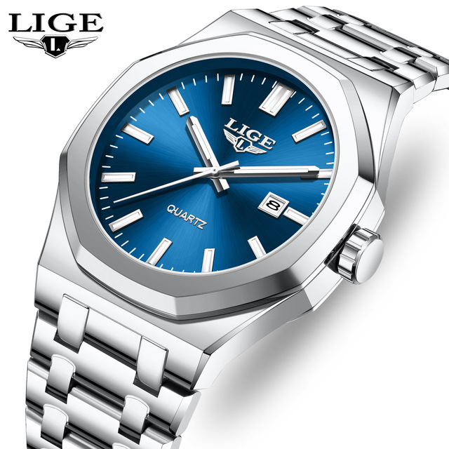 LIGE 89181 Men's Watch Luxury Quartz Watch for Men with Calendar Luminous Hands Stainless Steel Bnad Business Male Wristwatch