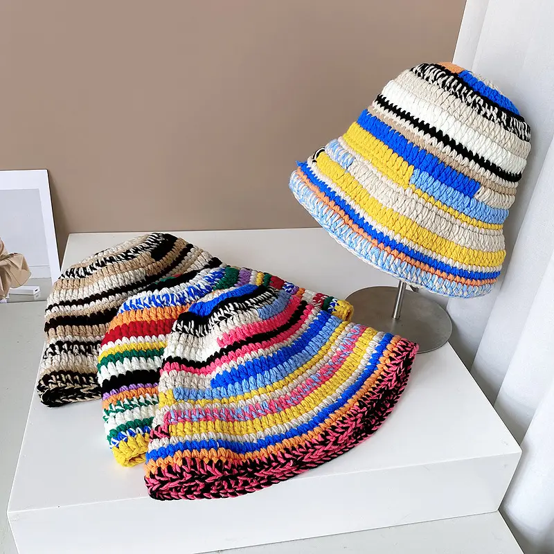 Estilo japonês Handmade Listrado Pescador Chapéu 2024 New Arrival Mulheres Colorido Listrado Hand Made Malha Crochet Cap Bucket Hat