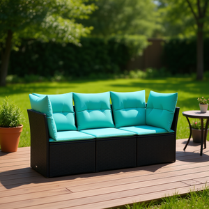 D0100XFTT16 Juego de Sofás de Patio de Ratán Sintético Negro con Cojines, Muebles de Exterior Contemporáneos para 4 Personas, Diseño Moderno - Product Image 2