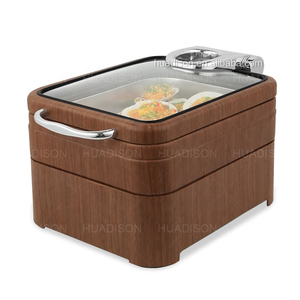 Huadison <span class=keywords><strong>restaurante</strong></span> suministros Sapele madera mini rectángulo buffet calentador de alimentos <span class=keywords><strong>cuatro</strong></span> litros platos de frotamiento con tapa de vidrio - Product Image 2