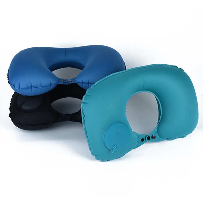 U shape Air Filled foldable flocked Auto Press Pump inflatable travel neck pillow