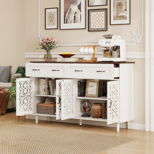 Vintage Sideboard Buffet Cabinet Hand Carved Geometric Doors 2 <b>Drawers</b> Light Wood Finish Contrast Design - Product Image 5