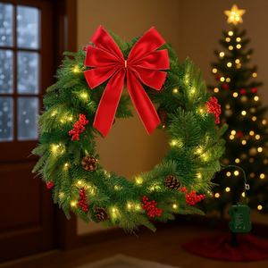 พวงหรีดคริสต์มาสประดิษฐ์พร้อมไฟ ขนาด 24 นิ้ว ไฟ LED สีขาวอบอุ่น 50 ดวง ประดับด้วยลูกสนและผลเบอร์รี่สีแดง ตกแต่งติดผนังแบบดั้งเดิม - Product Image 2