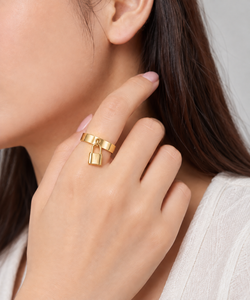 Gold Tone Padlock <b>Charm</b> Ring Polished Band with Dangle Lock Pendant Modern Statement Jewelry - Product Image 5