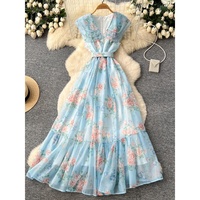 Robe longue décontractée pour femme WIWT, élégante, à imprimé floral, col en V, sans manches, coupe trapèze, avec ceinture, pour les vacances et le quotidien