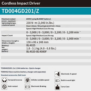 Atornillador de Impacto Inalámbrico <span class=keywords><strong>Makita</strong></span> TD004G, 40V, Iones de Litio, Sin Escobillas, Alto Torque, Frenado Electrónico, 4 Velocidades - Product Image 5