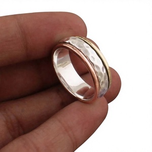 925 Sterling Silver Wedding Band With Hammered Texture And Rose Gold Inlay Unisex Minimalist <b>Spinner</b> <b>Ring</b> - Product Image 1