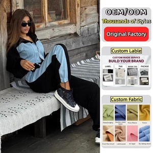 Hai Tone 2 Mảnh Biểu Tượng Tùy Chỉnh Denim Chắp Vá Cắt Áo Rộng Quần Chân Tracksuit Co ORD <span class=keywords><strong>Set</strong></span> Cho Phụ Nữ - Product Image 1