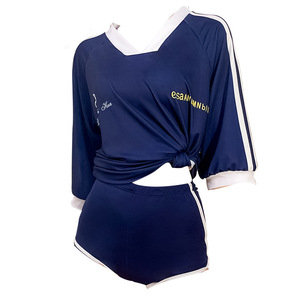 Conjunto de traje de baño de tres piezas para mujer, traje de baño deportivo conservador con cuello en V, color azul marino, adelgazante, para playa y piscina - Product Image 3
