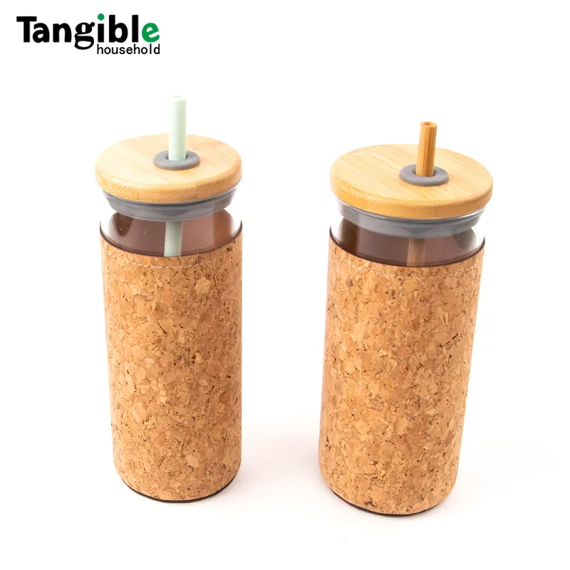 Protective Cork Cup Holder 480ml Glass Tumbler Glass Water Bottle Straw Silicone Protective Sleeve Water Cup Bamboo Lid BPA Free