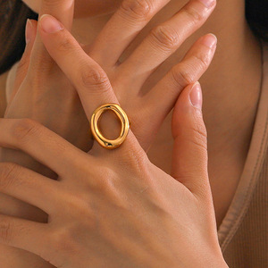 European And American Style 18k Gold Stainless Steel Oval Hollow <b>Ring</b> Geometric Wave Design Women's Fashion Jewelry Gift - Product Image 2
