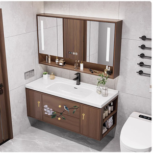 Nouveau meuble de salle de bain intelligent de style chinois avec miroir, en bois massif, design suspendu, pour lavabo, rangement de luxe léger - Product Image 2