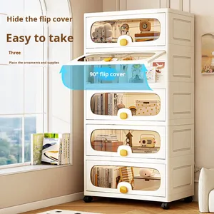 Meuble de rangement modulaire empilable en plastique transparent à couvercle rabattable, étagère de présentation pour jouets d'enfants et livres, avec roulettes, vente en gros - Product Image 2