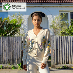 Customized Womens Elegant Deep V-Neck Floral Knitted Coats 100%Wool <strong>Long</strong> Sleeve Knitted <strong>Cardigan</strong> <strong>Sweater</strong> for Autumn Winter - Product Image 2