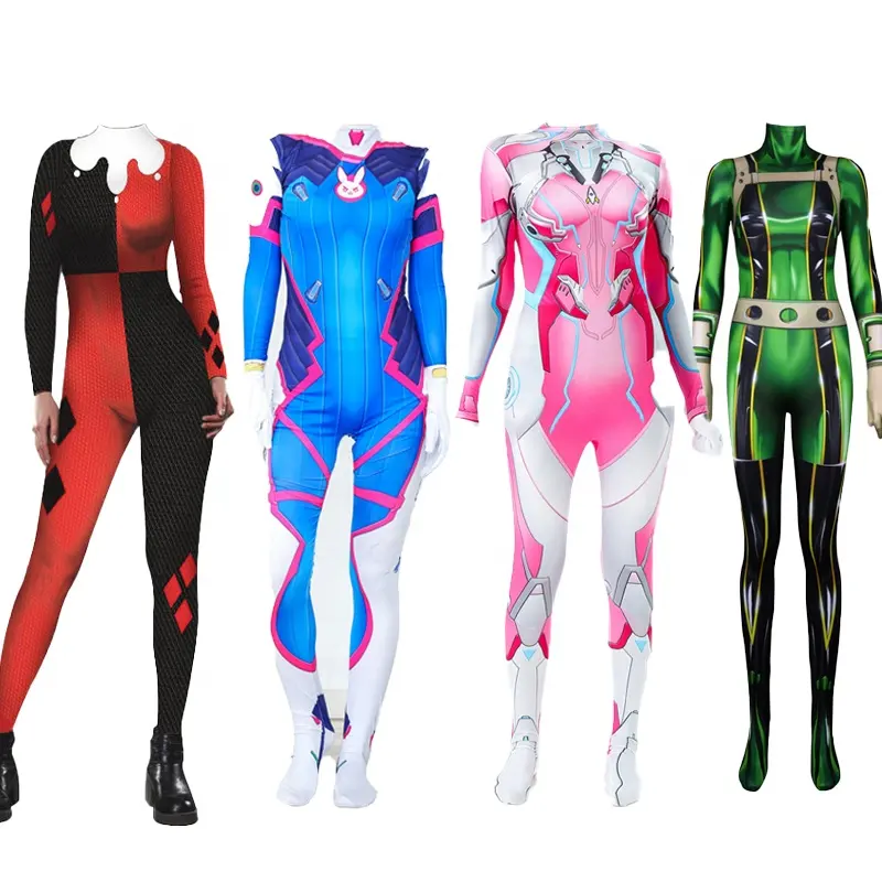 Berbagai warna kostum permainan komik Con wanita Jumpsuit Harley Quinn Bodysuit Hana Lagu Dva kostum Cosplay