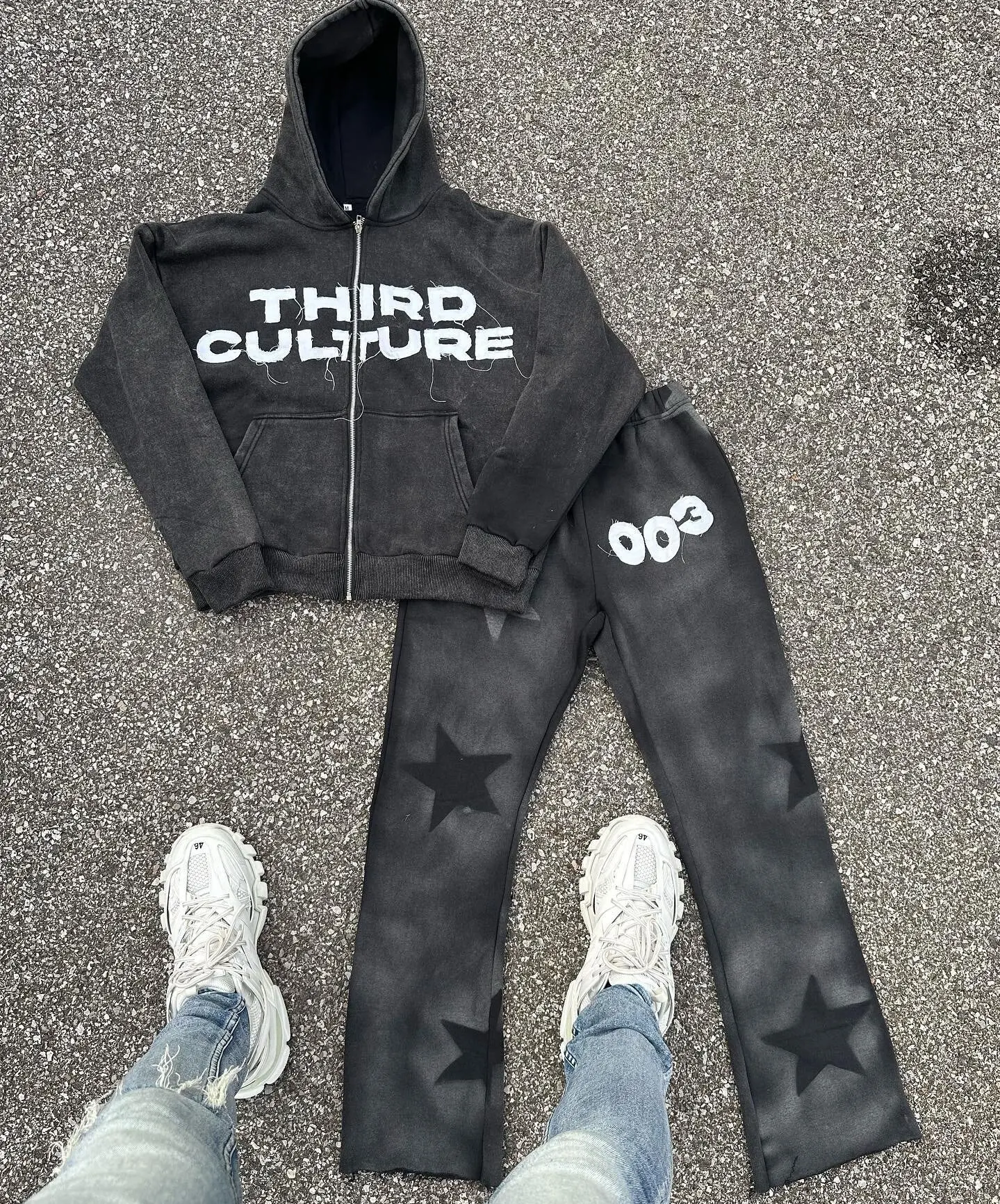 Acid Wash Sweat Suits Cotton Thick Zip Up Applique Embroidery Patch Flared Full Tracksuits Hoodies And Sweatpants Sets For Men