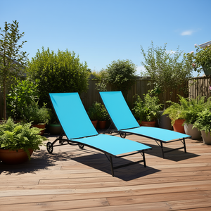 Tumbona de exterior azul de 2 piezas con ruedas, tumbona ajustable con estructura de metal, tela textilene, diseño contemporáneo - Product Image 2