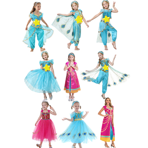Clásico jazmín Elsa Anna Blancanieves azul princesa vestido mangas abullonadas para niñas <span class=keywords><strong>Anime</strong></span> <span class=keywords><strong>Aladdin</strong></span> árabe Cosplay disfraz elegante - Product Image 1