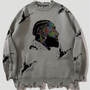 Pull à manches longues délavé pour homme, tricot rétro automne-hiver, motif personnalisable, pull streetwear personnalisé - Product Image 4