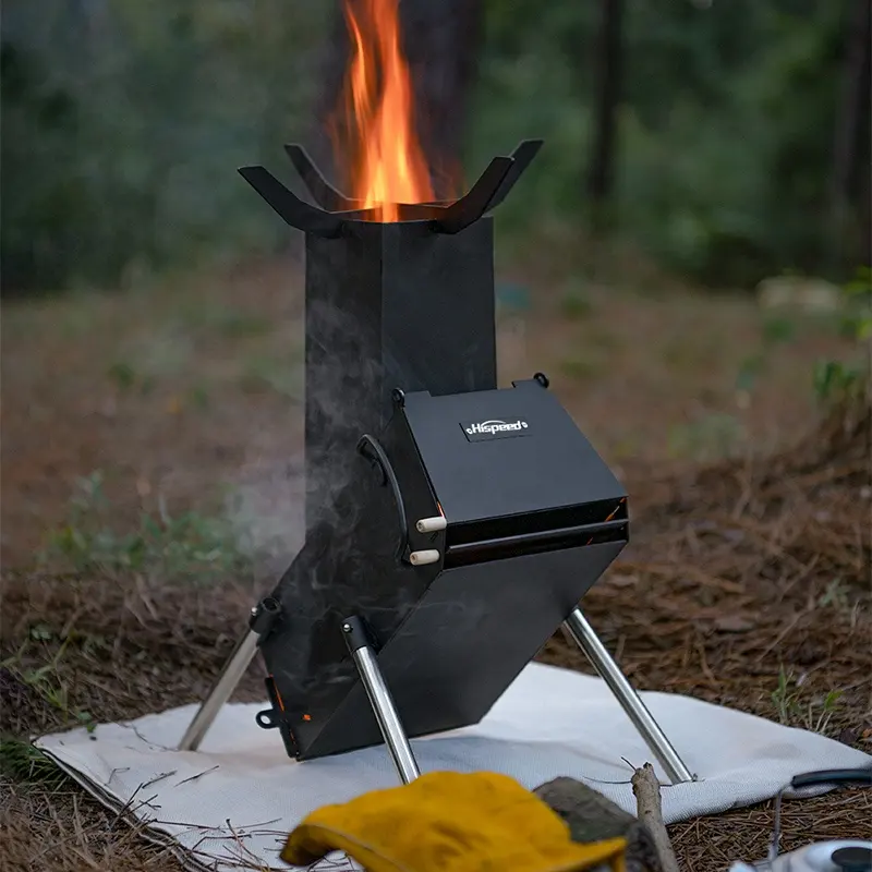 HISPEED 휴대용 로켓 스토브 탄소 스틸 조정 가능한 접이식 로켓 나무 스토브 요리 야외 캠핑 세트