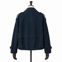 Chaqueta de mujer de gamuza genuina azul marino, con un solo botón, informal, corta, cortavientos, con forro de poliéster, epaulettes y dobladillo con cordón.